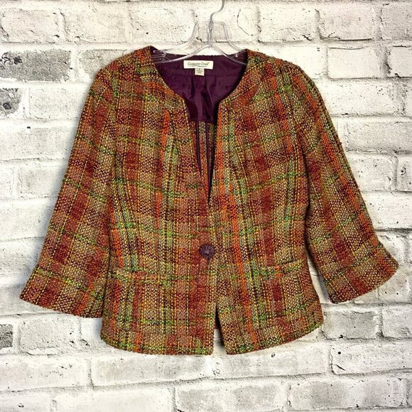 Coldwater Creek Tweed Boucle Cropped One Button Collarless Blazer - Picture 1 of 12